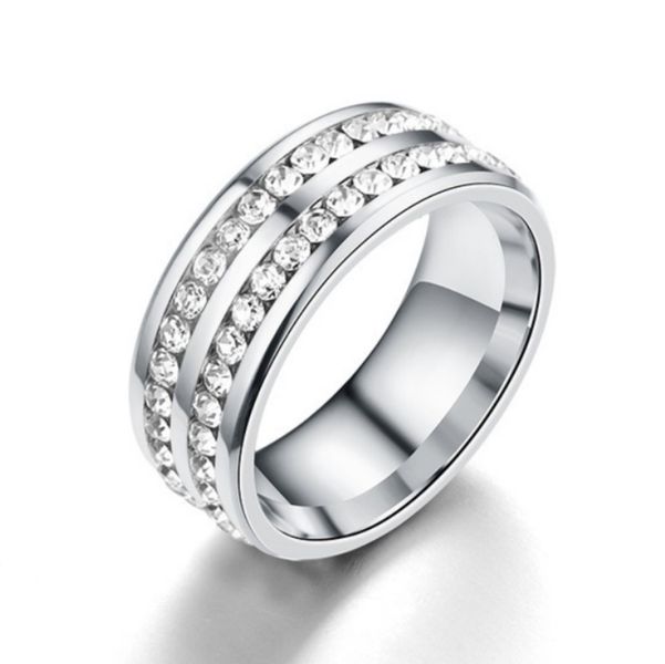 Broad 2 Row Stainless Steel Ring with Embellieshed Crystals