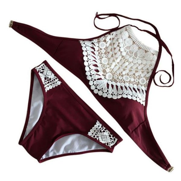 Iconix Two Piece High Neck Bikini Set with Lace - Red