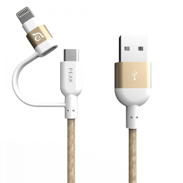 Adam Elements Peak Ii Duo 20b - Braided Mfi Lightning &amp; Micro Usb 20cm Gold