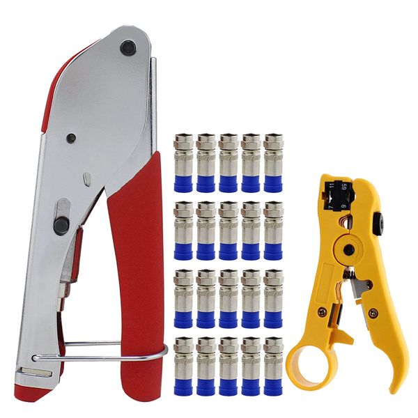 Coaxial Compression Tool Kit &amp; 20 Piece F Compression Connectors