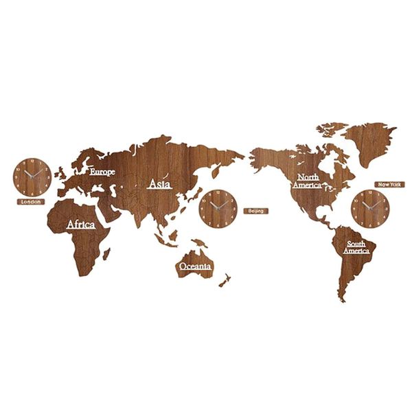 DIY 3D Wooden World Map Wall Clock - Brown