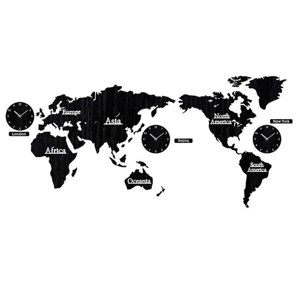 DIY 3D Wooden World Map Wall Clock - Black