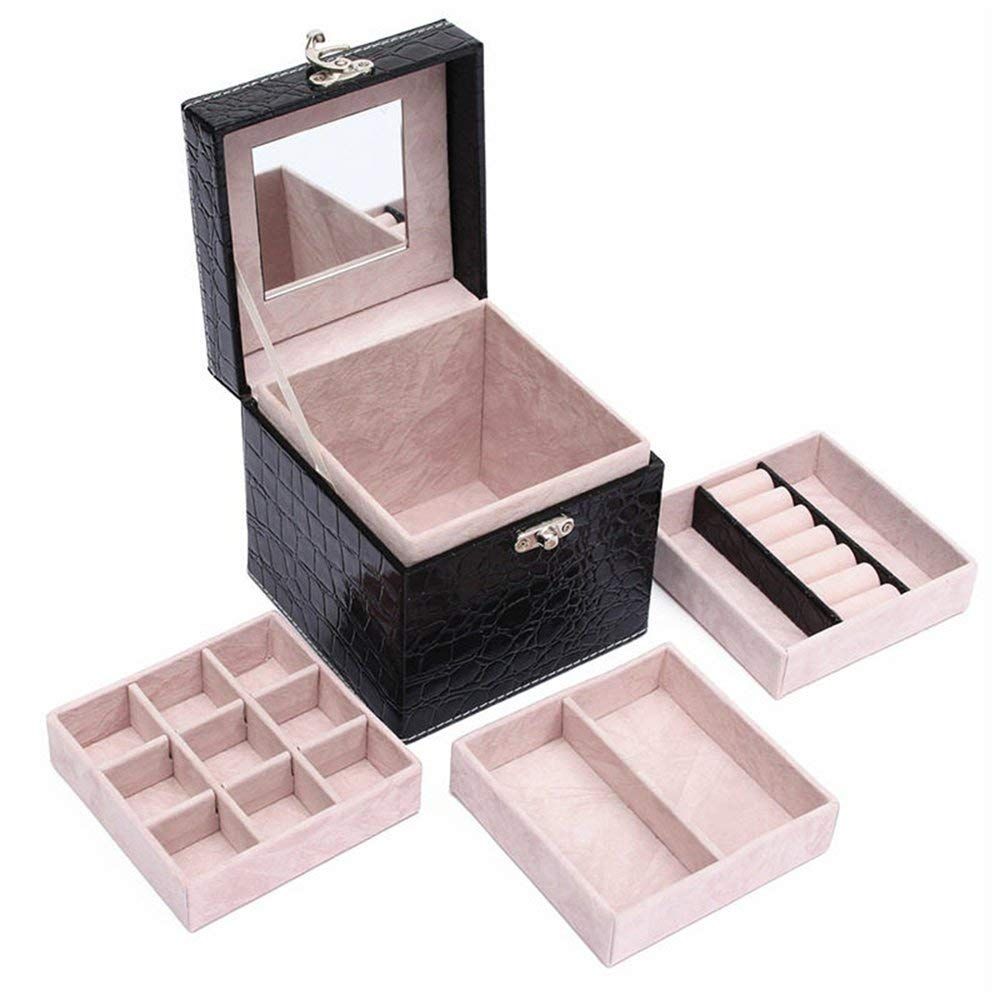 Handheld 3 Layers PU Leather Mirror Jewelry Box - Black | Shop