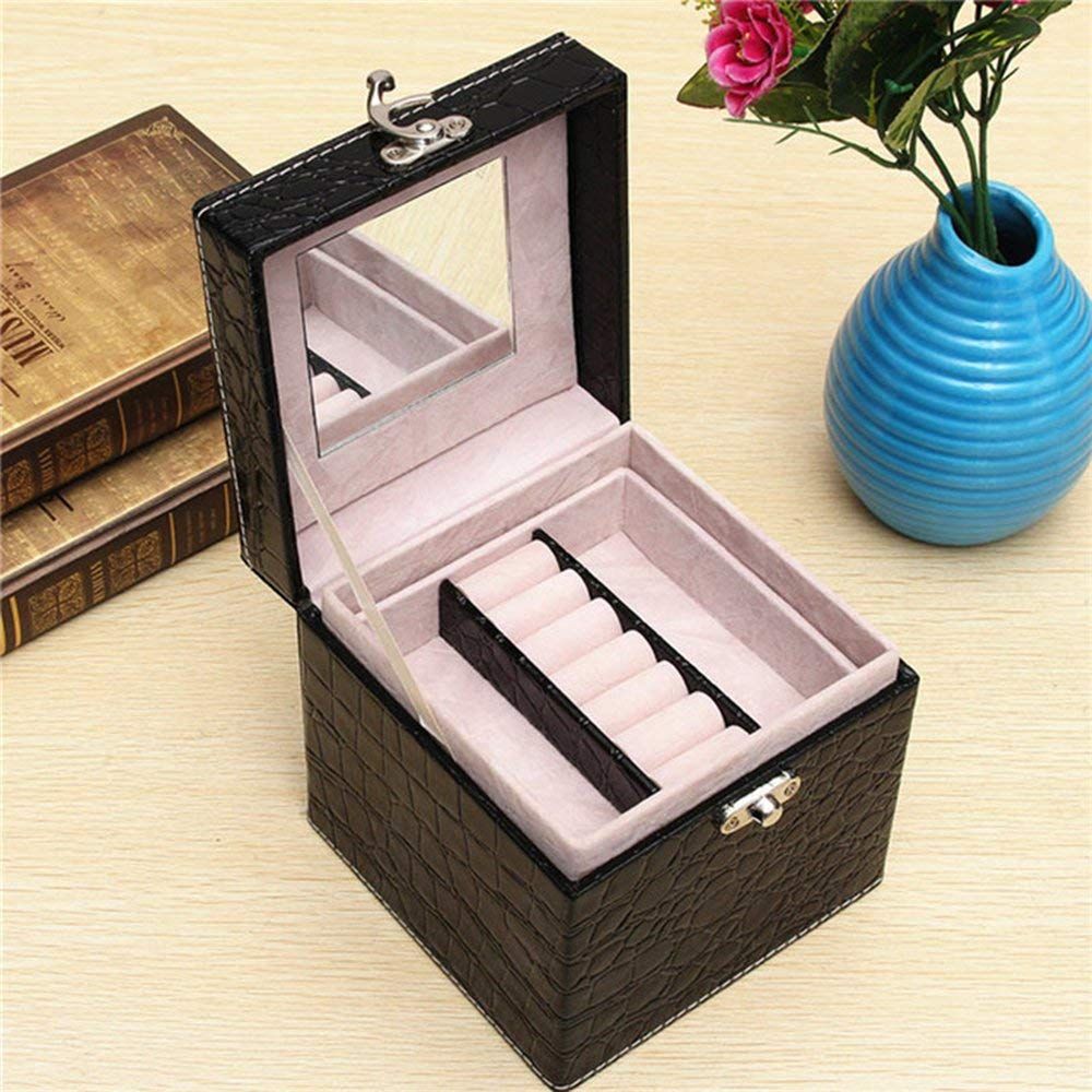 Handheld 3 Layers PU Leather Mirror Jewelry Box - Black | Shop