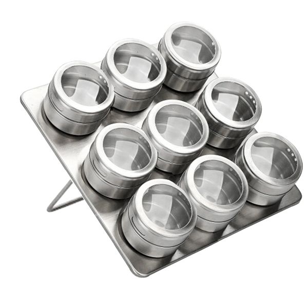 9 Pieces Magnetic Stainless Steel Cruet Condiment Spice Jars Set