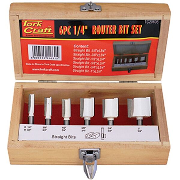 Tork Craft Router Bit Set 6 Piece Straight Bits Wood Case