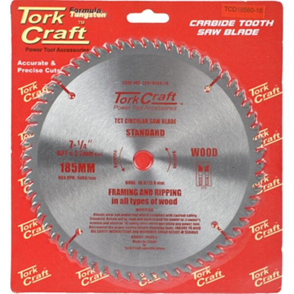 Tork Craft Blade TCT 185 x 60T 16mm General Purpose Cross Cut