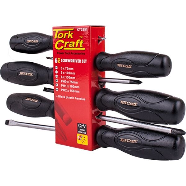 Tork Craft Screw Driver Set 6 Piece Black Handle