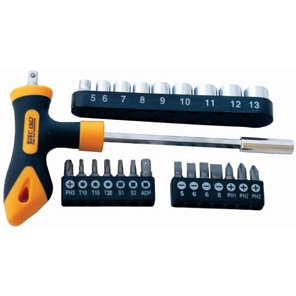 Tork Craft Screwdriver Bit &amp; Socket Set 24 Piece T Bar