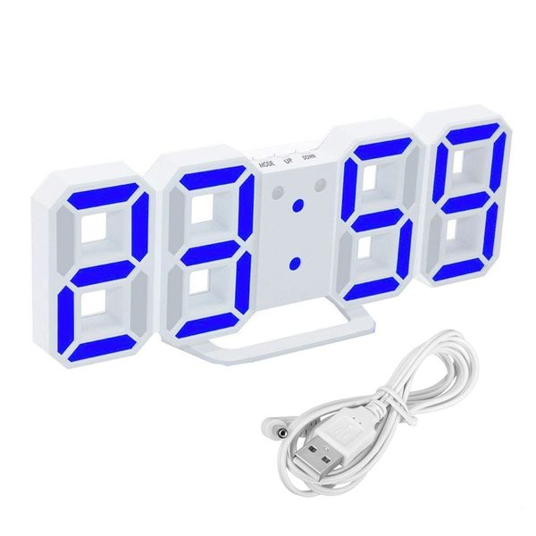 3D Modern Digital LED Table Desk Wall Alarm Clock - White and Blue