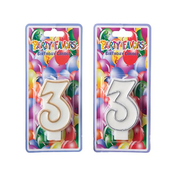 Bulk Pack x 6 Candles Birthday Large Number- 3 Silver &amp; Gold
