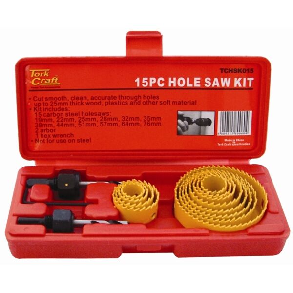 Tork Craft Hole Saw Set 15Pce In Case Carbon Steel