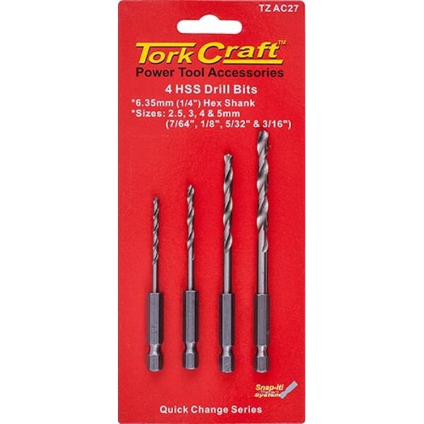 Tork Craft Hex Shank Drill Bit 4 Pce Set 2.5mm 3mm 4mm 5mm