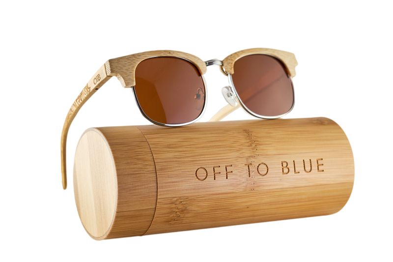 Off to Blue Wooden Polarized Bamboo Half Frame Sunglasses - Tea