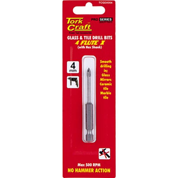 Tork Craft Glass &amp; Tile Drill 4mm 4 Flute With Hex Shank
