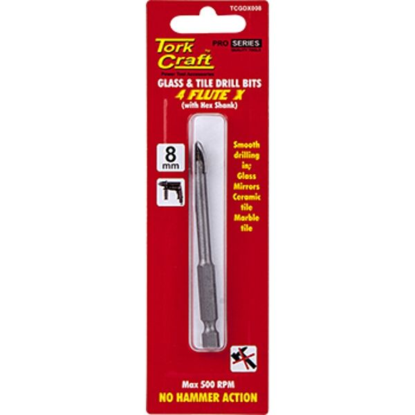 Tork Craft Glass &amp; Tile Drill 8mm 4 Flute With Hex Shank