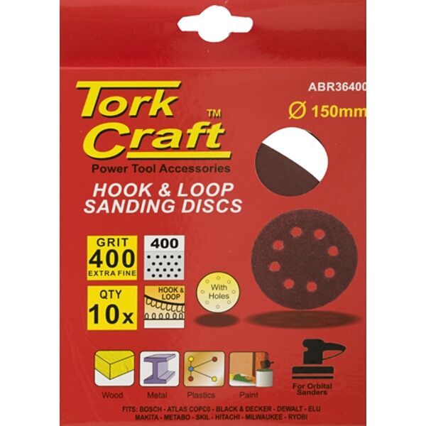 Tork Craft Sanding Disc Hook &amp; Loop 150mm 400 Grit with Holes 10/Pk