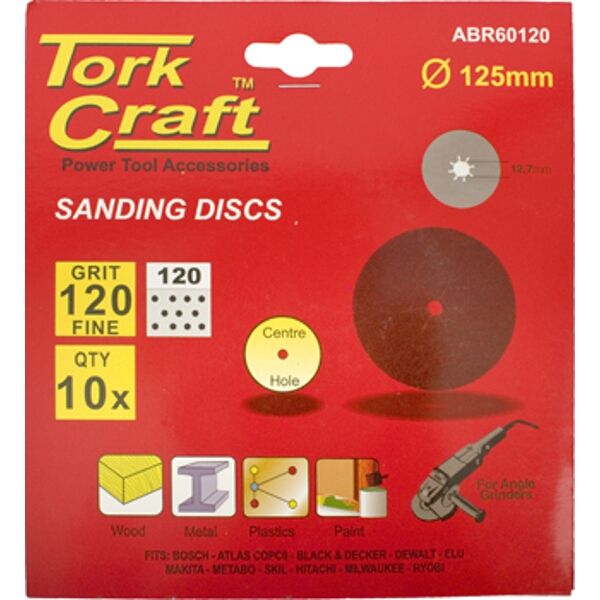 Tork Craft Sanding Disc 125mm 120 Grit Centre Hole 10/Pk