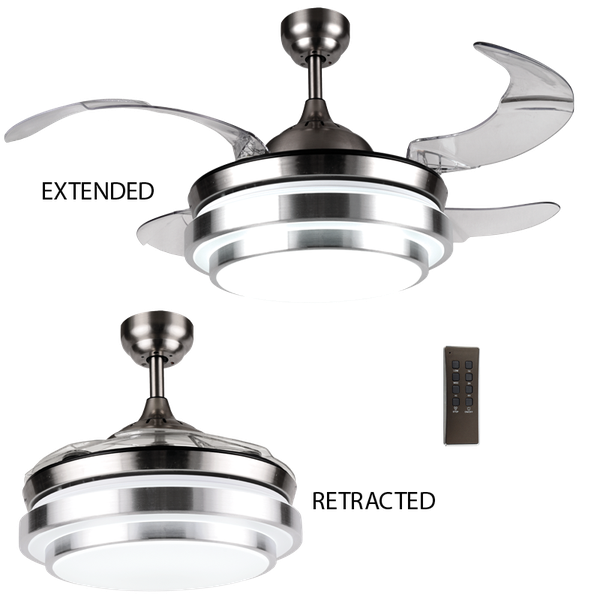 Satin Chrome Ceiling Fan with LED Light and Retractable Blades - FCF043
