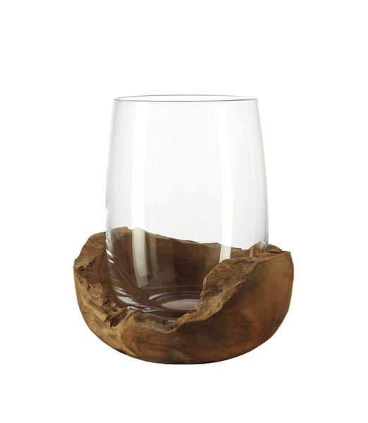 Leonardo Glass Hurricane Lamp Candle Holder in Teak Bowl Base Terra 27cm