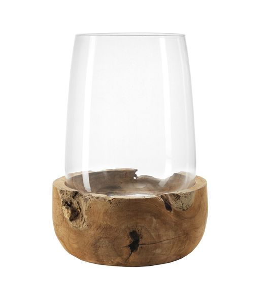 Leonardo Glass Hurricane Lamp Candle Holder in Teak Bowl Base Terra 45cm