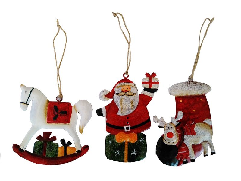 3pc Tin Christmas Decorations - Reindeer sock, Father Christmas, Horse