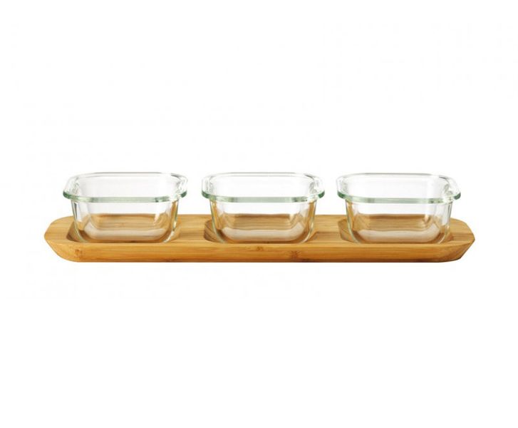 Leonardo Wooden Serving Platter with 3 x Glass Bowls GUSTO 4 Pieces
