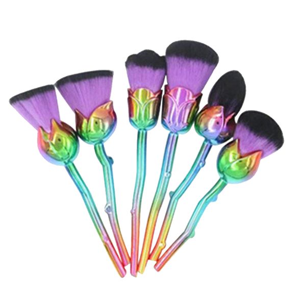 6-in-1 Rose Flower Hair Makeup Brush Set - Multicolour