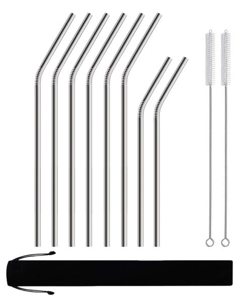 Reusable Stainless Steel Drinking Straws Curved &amp; Straight - 8 Pack Silver