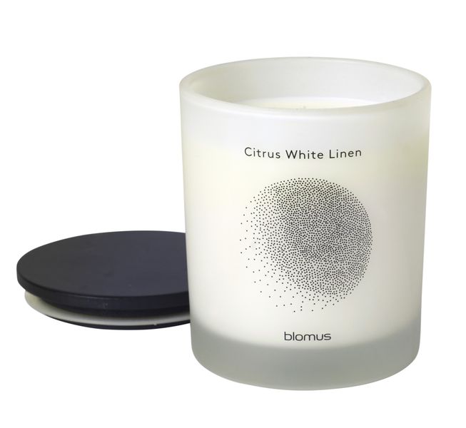 blomus Scented Candle With Wood Lid Citrus White Linen White FLAVO Large