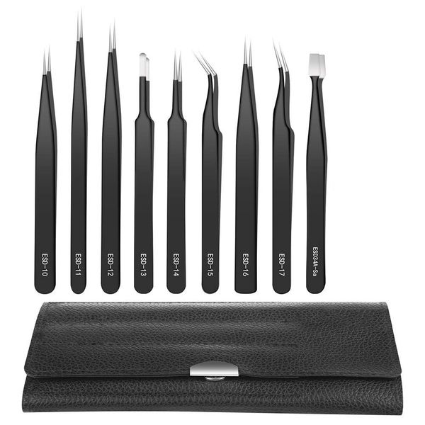 9 in 1 Stainless Steel Anti-static Precision Tweezers Set