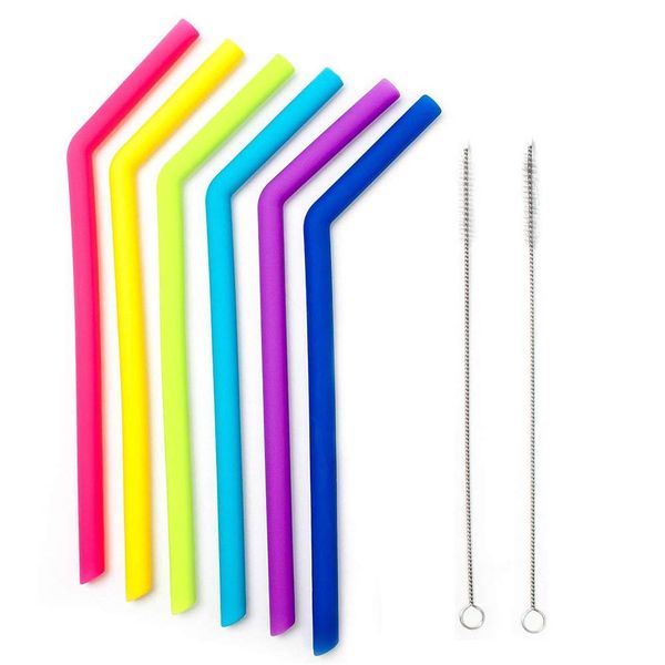 Kitchen FX Extra Long Reusable Silicone Straws - 6 Set with 2 Brushes