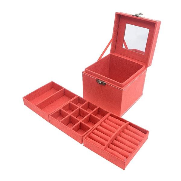 Three-layer Lint Jewelry Box with Mirror - Red