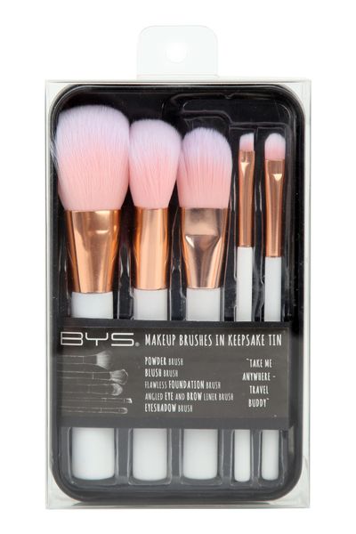 BYS Cosmetics Makeup Brushes in Keepsake Tin White with Rose Gold