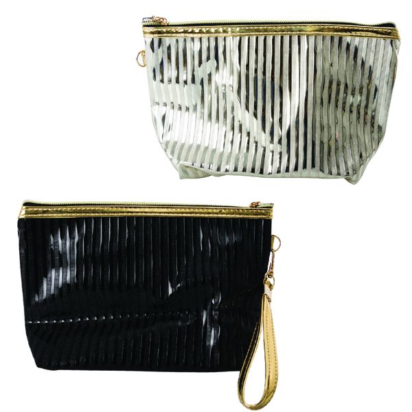Cosmetic Metallic Stripped Bags- Black &amp; Gold
