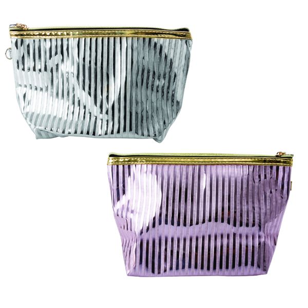 Cosmetic Metallic Stripped Bags- Purple &amp; Silver