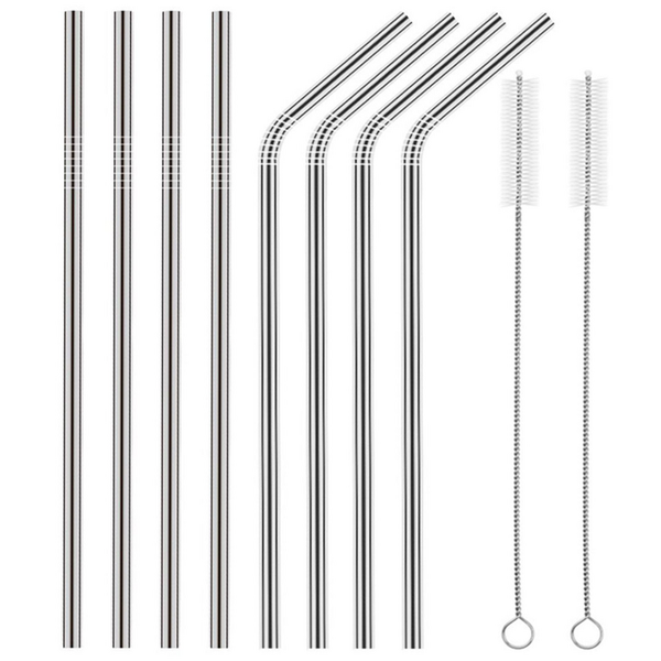Set of 8 Stainless Steel Straws with Pouch &amp; Cleaning Brushes