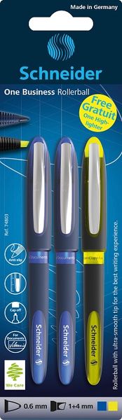 Schneider: 2 One Business Blue Pens 0.6mm + Free Yellow Highlighter