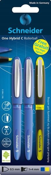 Schneider: 2 One Hybrid Blue Pens 0.5mm + Free Yellow Highlighter