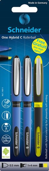 Schneider: 2 One Hybrid Black Pens 0.5mm + Free Yellow Highlighter