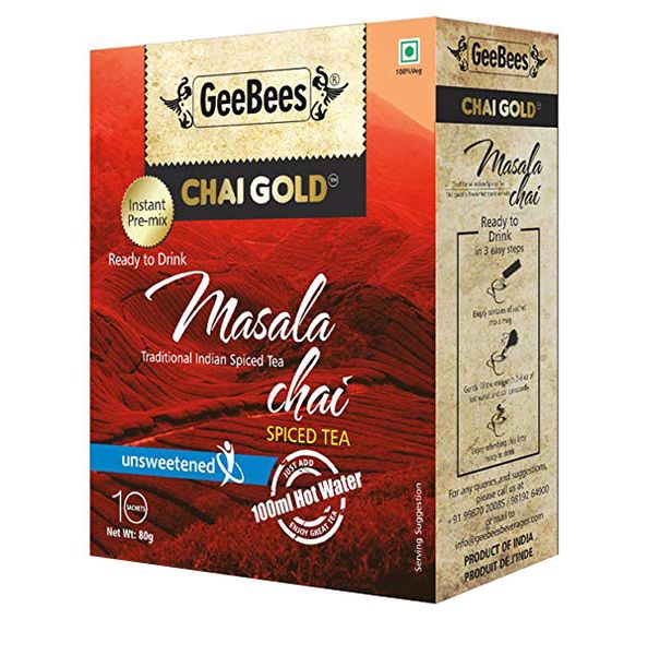 GeeBees Chai Gold Instant Premix Masala Tea : Unsweetened - 10 Sachets