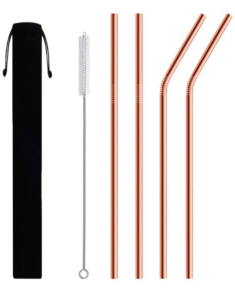 Reusable Stainless Steel Straws Bent &amp; Straight with Brush - 4 Pack