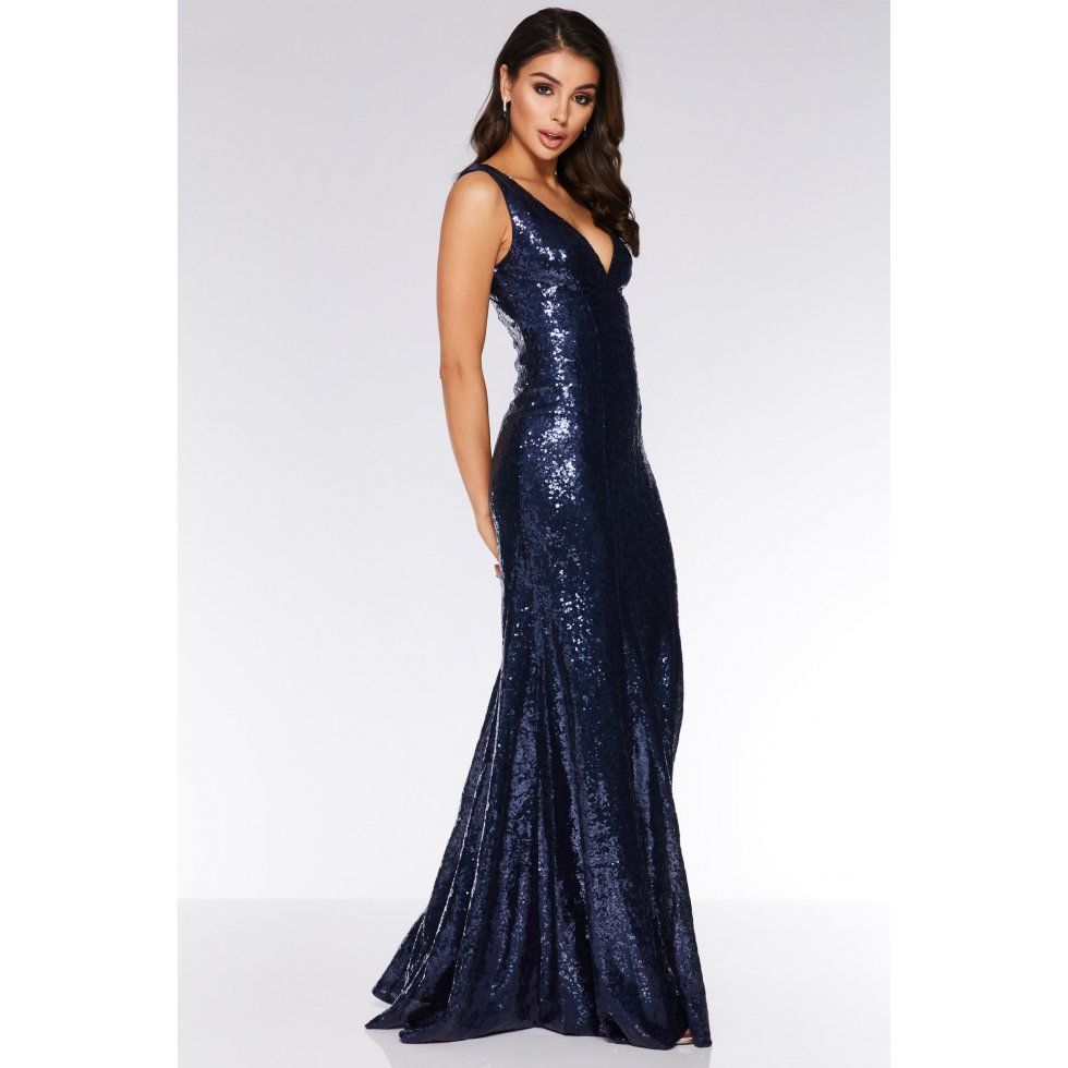 navy sequin cross back fishtail maxi dress