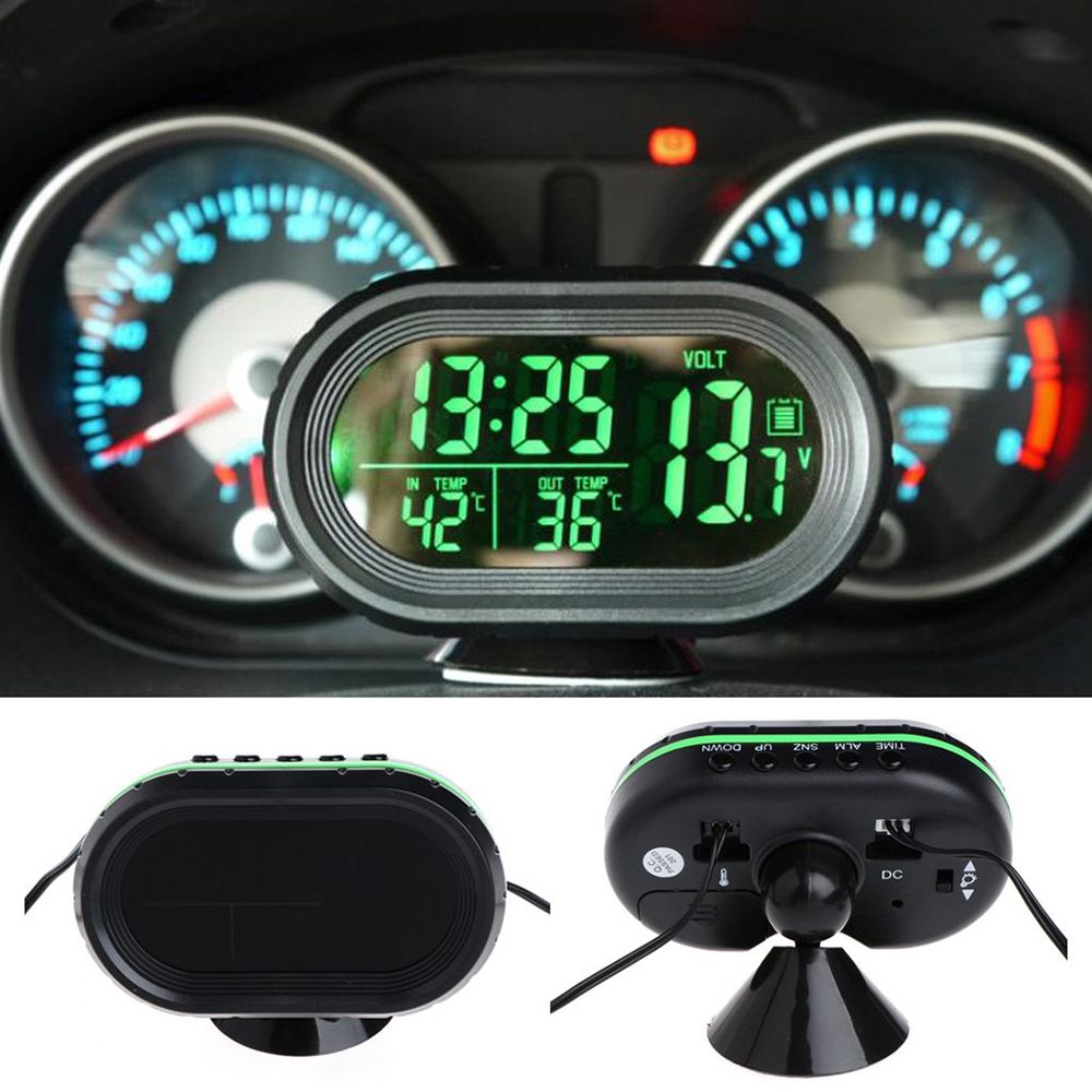 VST-7009V 4 In 1 Digital Car Thermometer Voltage Meter Luminous Clock  Tester Detector LCD Monitor Back light(Green Light)