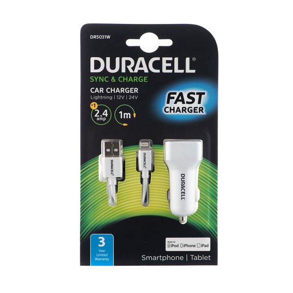 Duracell Fast Charging Car Charger with 1m Lightning Cable 2.4A - White