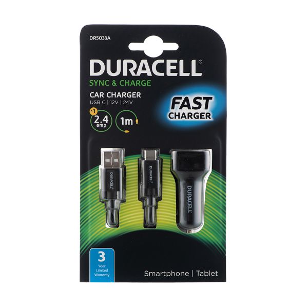 Duracell Car Charger with 1m Type C USB2.0 Cable (Black)