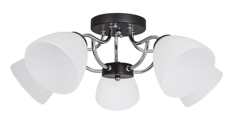 Polished Chrome and Black Metal Chandelier with Frosted Glass 5 Lights