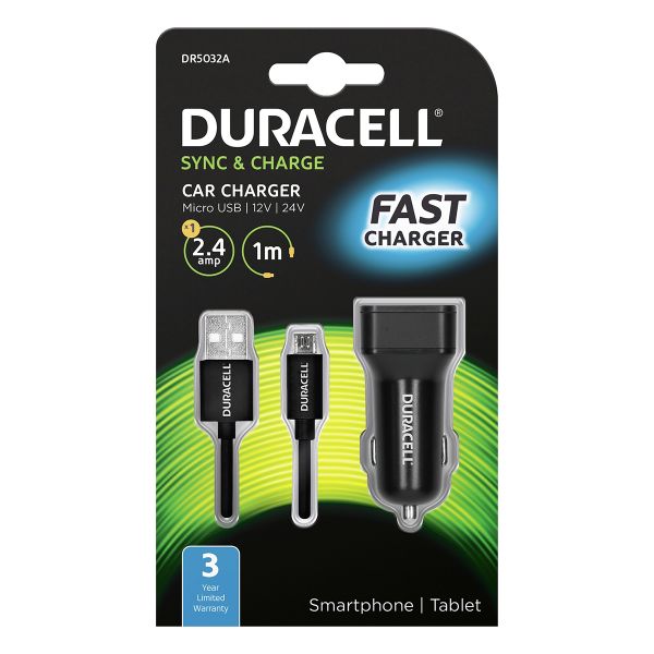 Duracell 2.4A Car Charger with Micro USB Cable - Black