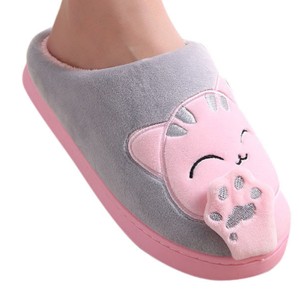 Paw Prints &amp; Curly Tails Grey Cat Slippers with Pink Inner