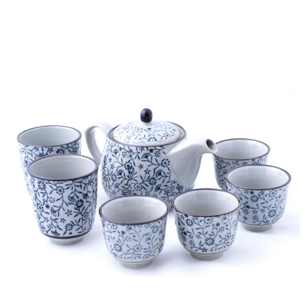 7 pc Porcelain Japanese Style Floral Teapot Set: 1x TeaPot, 6x Cups